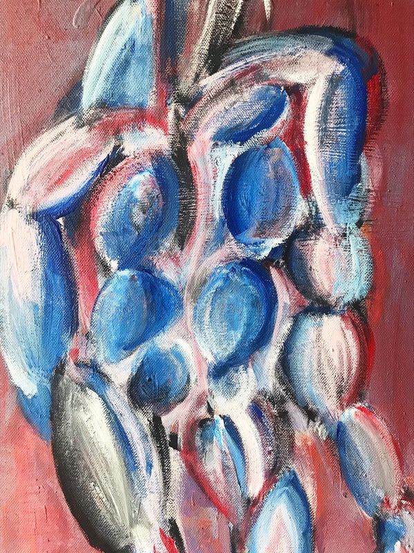 A body from ciao capo, sono squalo built of blue and white ovals on red.