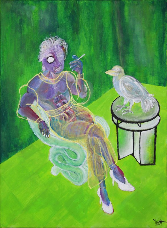 sept neuf, the whole painting: a violet figure in a mint armchair and a pale bird on a stool, in a green room.